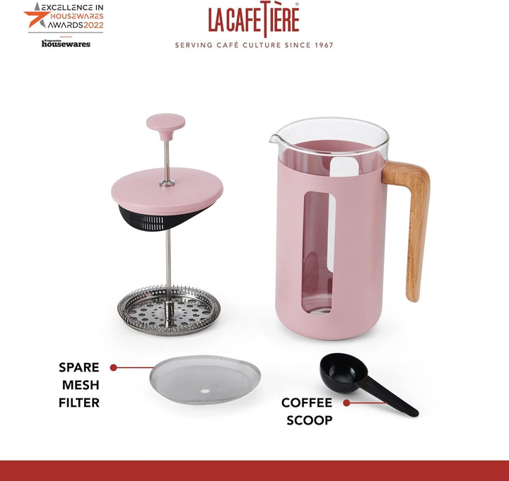 La Cafetière Pisa, 3 cești/350 ml, sticlă borosilicată rezistentă la căldură și oțel inoxidabil, cu plungere la îndemână, filtru mic de cafea franceză pentru ceai vrac și cafea măcinată, roz