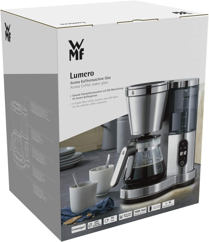 WMF Lumero filtru de cafea cu ulcior de sticlă, filtru de cafea, 10 cești, funcție de temporizare, placă de încălzire, filtru de cafea cu rezervor de apă detașabil, oprire automată, 1000 W