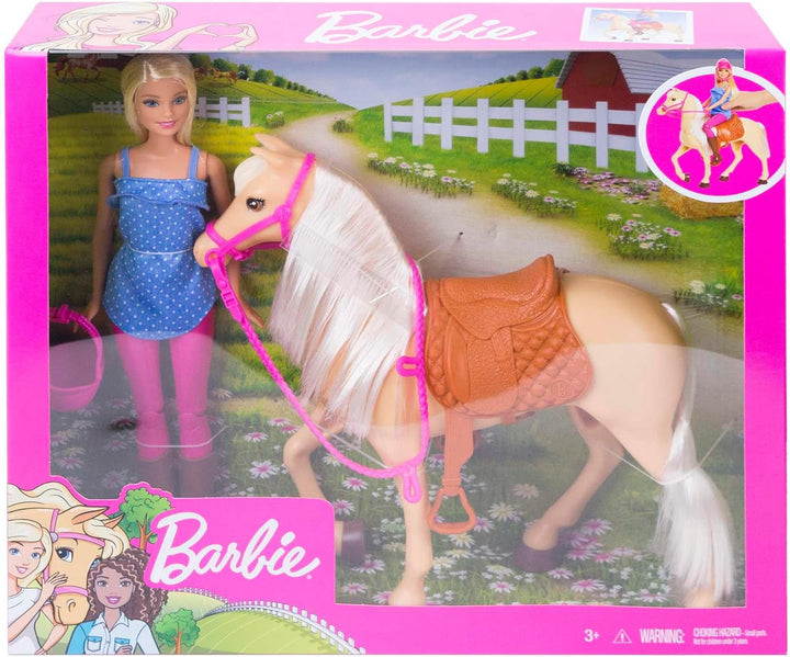 Păpușă Barbie și cal de jucărie, accesoriu de călărie Barbie, 1 păpușă Barbie și 1 cal incluse, potrivite ca un cadou pentru copii de la 3 ani în sus, FXH13