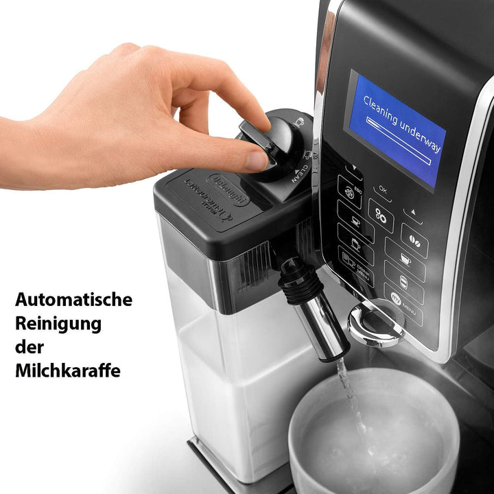 De'Longhi Dinamica ECAM 350.55.B Aparat de cafea complet automat cu sistem de lapte Lattecrema, cappuccino, espresso și cafea la apăsarea unui buton, afișaj digital, funcție 2 cești, rezervor mare de apă de 1,8 litri, negru