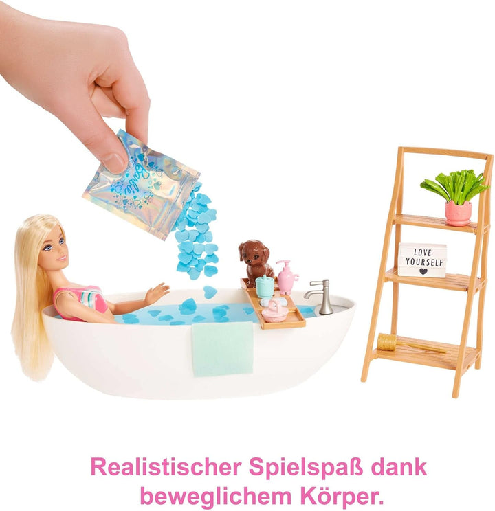 Barbie Self-Care Series, Confetti Bath, păpușă Barbie cu păr blond, costum de baie, cățeluș, 2 pachete de săpun Confetti, accesorii Barbie, 1X păpușă Barbie inclusă, potrivită ca un cadou, Hkt92