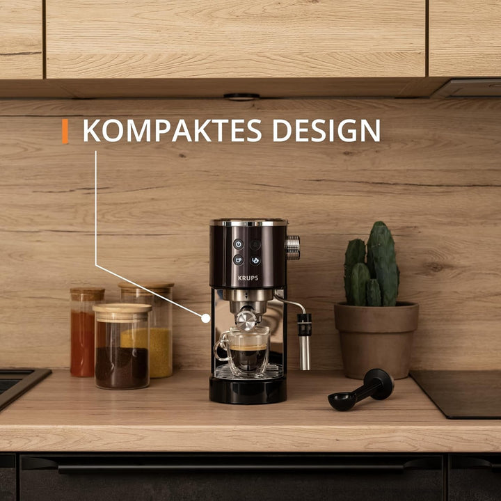 Krups XP444G Virtuoso+ espressor portafilter, 15 bar presiune pompă, 3 filtre crema, duză abur din oțel inoxidabil, panou de control intuitiv, control rotativ, incl. lingură de dozare / tampon, crom / negru