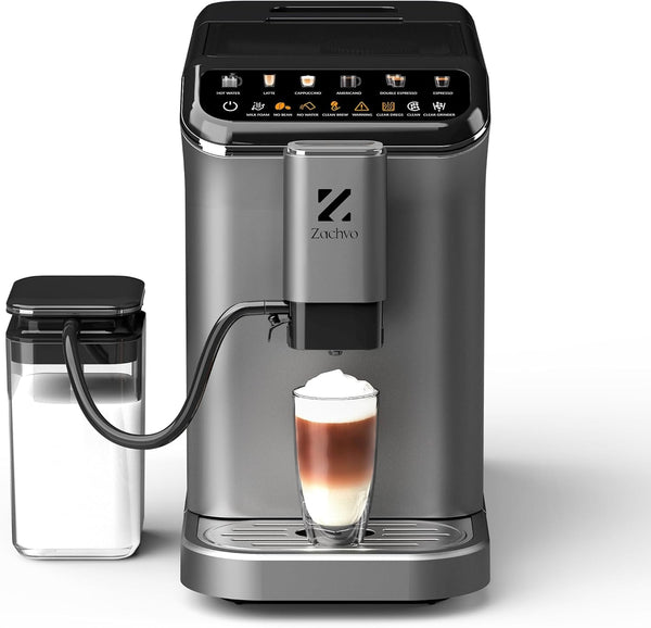 ZACHVO Mașină de cafea complet automată Cu recipient pentru lapte, 20 bar, râșniță cu 15 trepte, ecran tactil, control al temperaturii pid, curățare automată, 5 băuturi la apăsarea unui buton - latte, cappuccino și multe altele, compact
