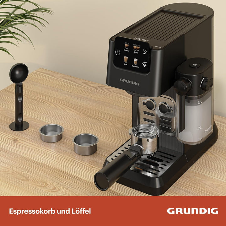 GRUNDIG KSM 5330 Mașină de fasole cu sită Cu recipient integrat pentru lapte, putere 1628 W, presiune pompă 15 bar, duză dublă, afișaj tactil color, Brewsense, Creamypro, Inox închis / negru