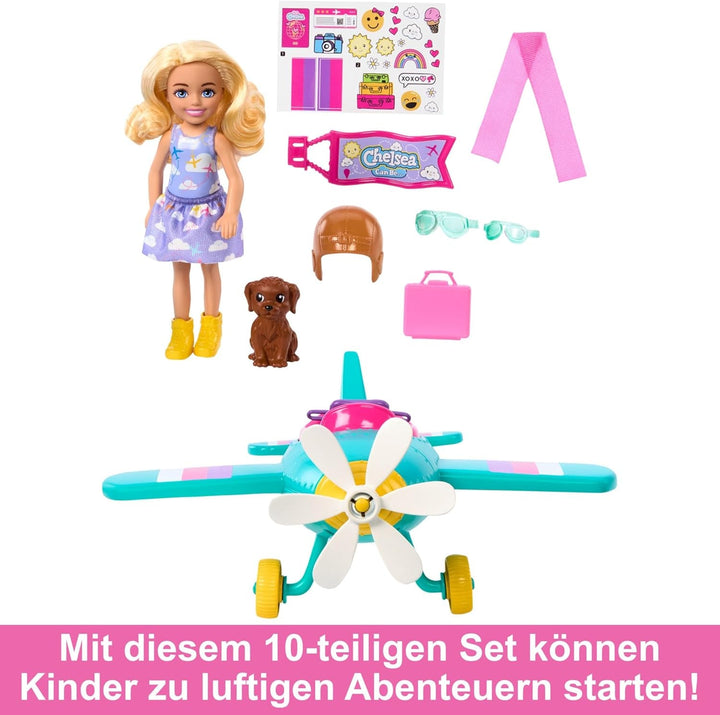 Barbie Chelsea Plane Doll And Playset - păpușă pilot, avion, mâner și accesorii pentru povești, roți de rulare și elice cu picior de floare, vârsta 3+, HTK38