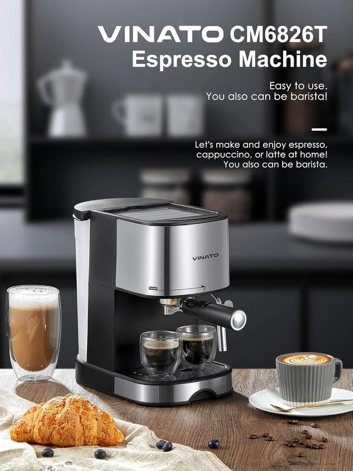 Mașină de espresso VINATO, mașină de espresso și cappuccino de 15 bari cu funcție de încălzire rapidă, mașină de cafea cu funcție de spumare a laptelui și baghetă de abur, suport pentru filtru cu ieșire dublă și 2 filtre