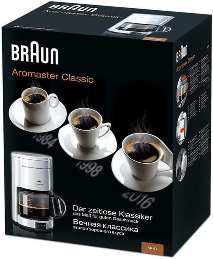 Cafetiera Braun KF 47 WH - Cafetieră cu filtru cu cană din sticlă pentru cafea clasică cu filtru, cafea aromată datorită sistemului Optibrew, oprire prin picurare, oprire automată, alb