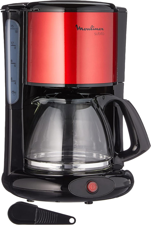 Cafetieră cu filtru Moulinex Subito, ulcior din sticlă, 10-15 cești, capacitate 1,25 litri, funcție de oprire automată, filtru detașabil, indicator nivel apă, oțel inoxidabil, roșu/negru, FG360D