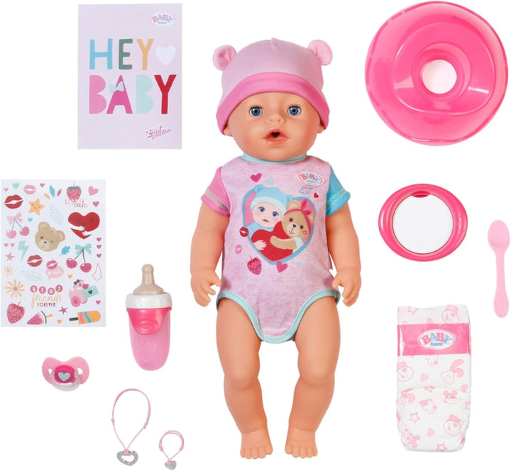 BABY Born Emma - Păpușă de 43 cm înălțime - 10 funcții Inclusiv accesorii și rochiță - Funcționează complet fără baterii - Potrivit pentru copii cu vârsta de 3 ani și peste