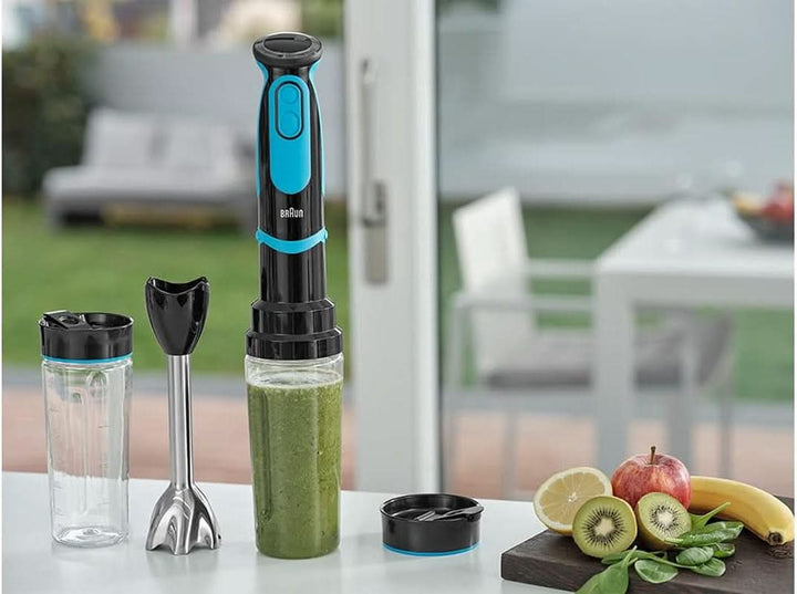 Braun Stabmixer MQ 5252 - Multiquick 5 Vario Fit Pürierstab Mit Edelstahl Mixfuß Und Blend & Go Aufsatz Für Smoothies Für Unterwegs, 750-1000 Watt, Schwarz/Blau