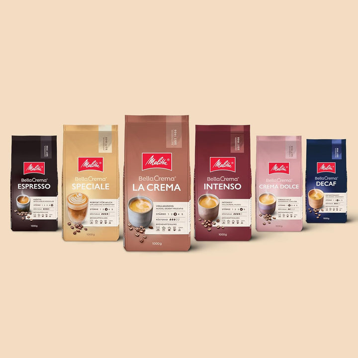 Melitta Bellacrema Crema Dolce Ganze Kaffee-Bohnen 1Kg, Ungemahlen, Kaffeebohnen Für Kaffee-Vollautomat, Sanfte Röstung, Geröstet in Deutschland, Stärke 2