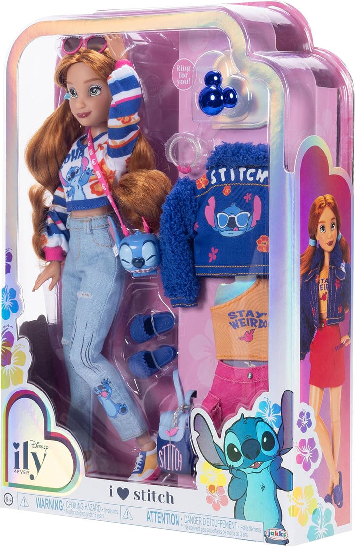 Disney ILY 4EVER Fashion Dolls Stitch cu păr roșcat 11.5" înălțime cu 13 puncte de articulare, două ținute complete Mix-And-Match și inel Mickey strălucitor pentru tine!
