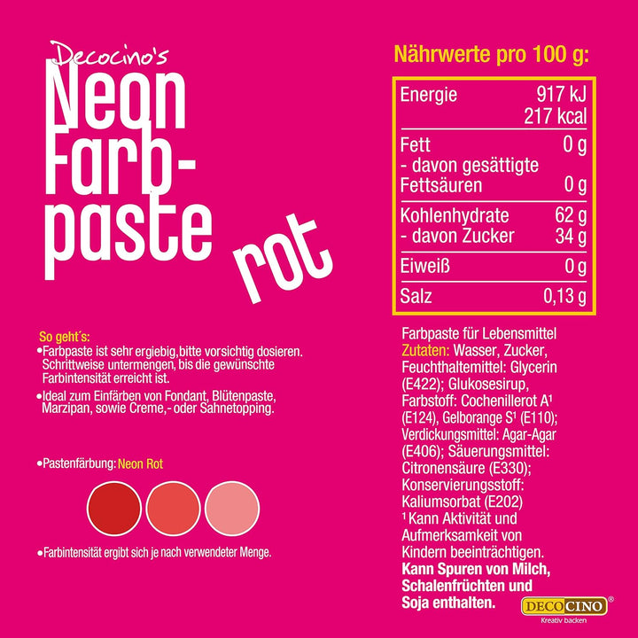 Decocino Neon Lebensmittelpaste Rot – Hochdosierte Lebensmittel-Farbe – Zum Einfärben Von Kuchen, Torten, Muffins, Cupcakes – Geschmacksneutral