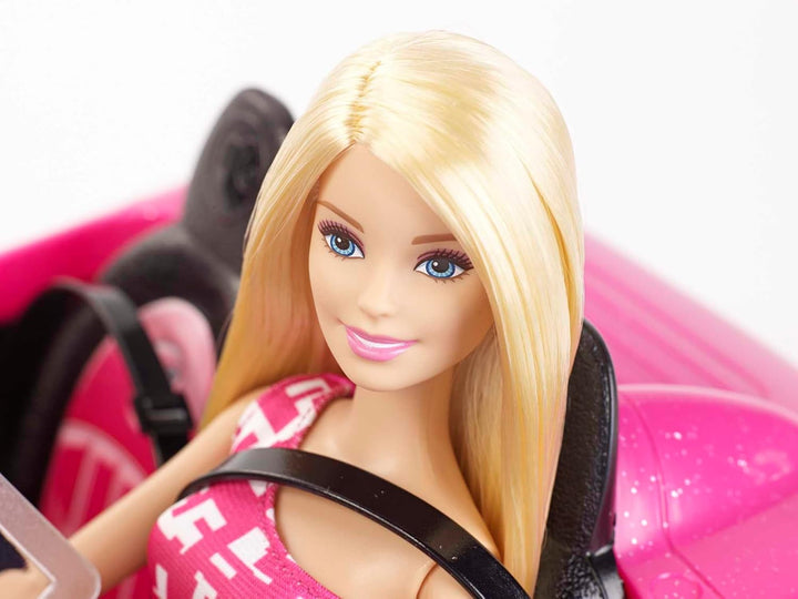 Păpușă Barbie și decapotabilă în roz cu sclipici, logo realist pentru anvelope, jucărie de la 3 ani, DJR55