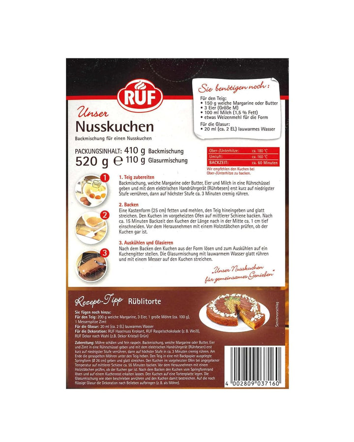 RUF Nusskuchen, Backmischung Mit Schneller Und Einfacher Zubereitung, Nussig Und Locker Mit Glasur, Als Grundlage Für Rüblikuchen, Vegan, 1 X 520G