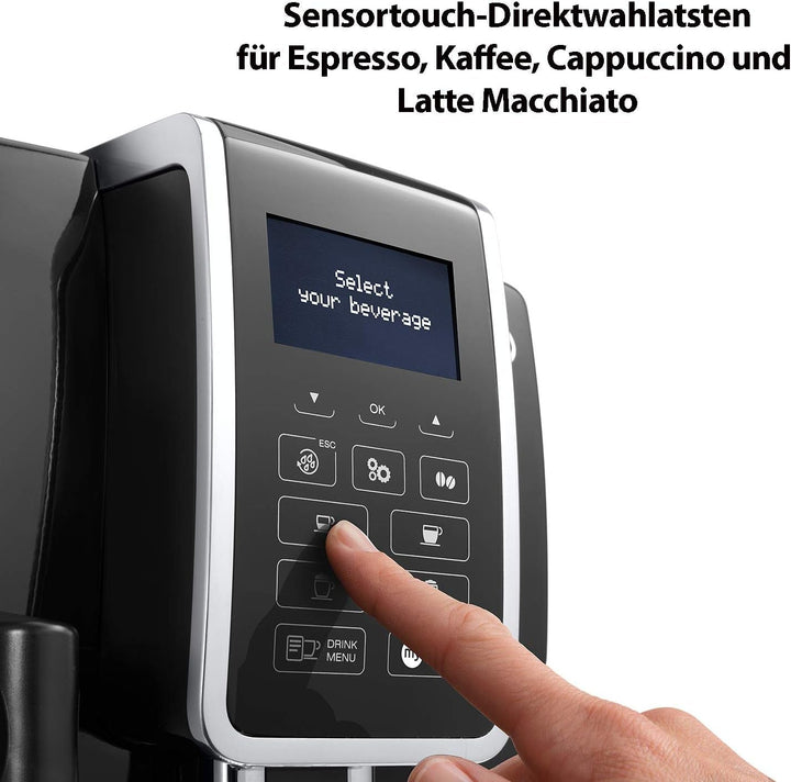 De'Longhi Dinamica ECAM 350.55.B Aparat de cafea complet automat cu sistem de lapte Lattecrema, cappuccino, espresso și cafea la apăsarea unui buton, afișaj digital, funcție 2 cești, rezervor mare de apă de 1,8 litri, negru