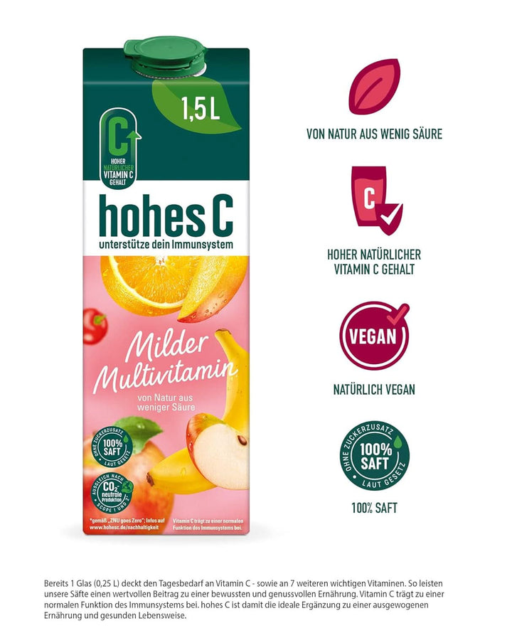 High C Mild Multivitamin (1 X 1.5L), 100% suc, mere, portocale, acerola, mango, 7 vitamine, Fără zahăr adăugat conform legii, Mai puțin acid, Vegan