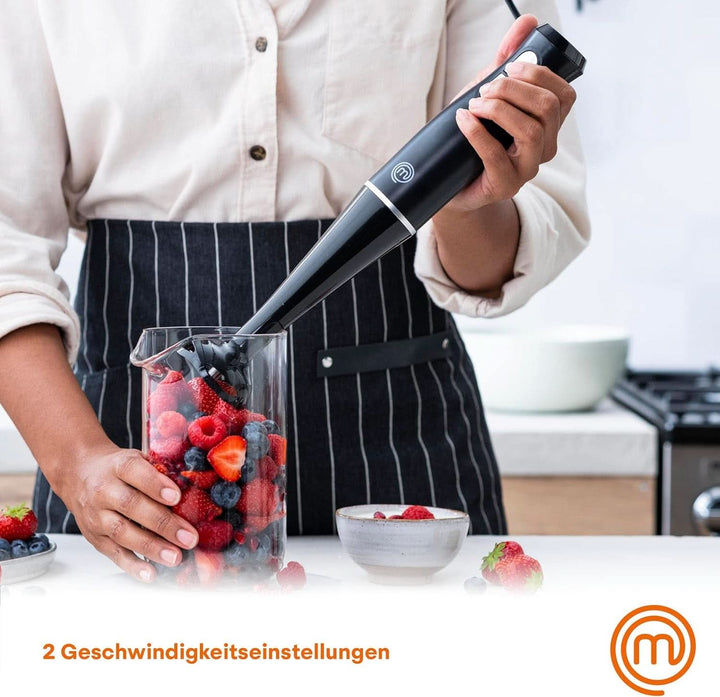 Masterchef Stabmixer, Pürierstab Mit Spritzschutz, Zauberstab Küchengerät, Elektrische Mixstab Hand Blender Mit 2 Geschwindigkeiten, Eintauchfunktion, Spülmaschinenfeste Komponenten, 200W, Schwarz