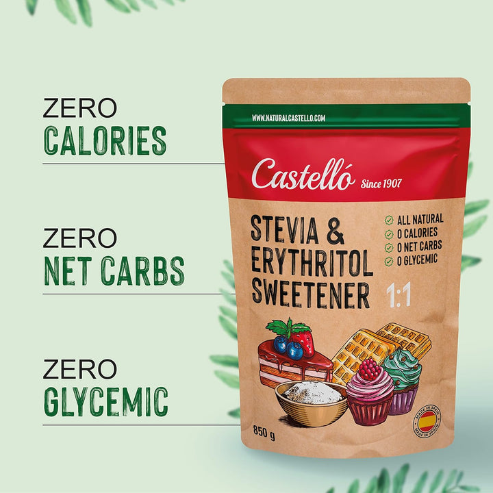 Stevia + Erythrit 1:1 Süßstoff | 1G = 1G Zucker | 100% Natürlicher Zuckerersatz - 0 Kalorien - 0 Glykämischer Index - Keto Und Paleo - 0 Netto-Kohlenhydrate - Kein GVO - Castello since 1907-850 G