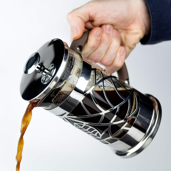 Grunwerg Café Olé Floral transparent filtru de cafea Presă de cafea din oțel inoxidabil 18/10 și sticlă 600 ml 4 pahare Demitasse, argintiu