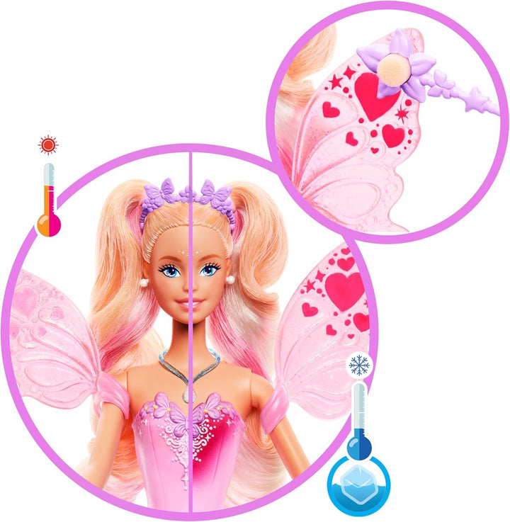Mattel Barbie Doll Fairy cu baghetă de jucărie și accesorii de modă, temă fantastică cu aripi și ținută care își schimbă culoarea, JCP76, [Multicolor]