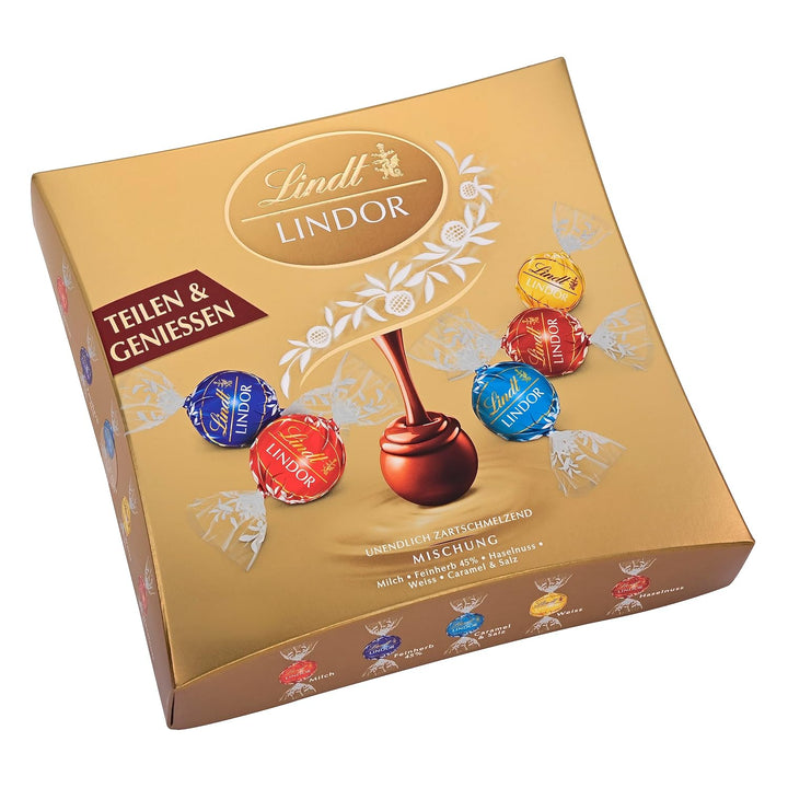 Lindt Schokolade LINDOR Sharing | 250 G | Kugeln Mit Zartschmelzender Füllung in Den Sorten Milch, Feinherb 45 %, Weiß, Salted Caramel Und Haselnuss | Schokoladen- | Pralinen-Geschenk