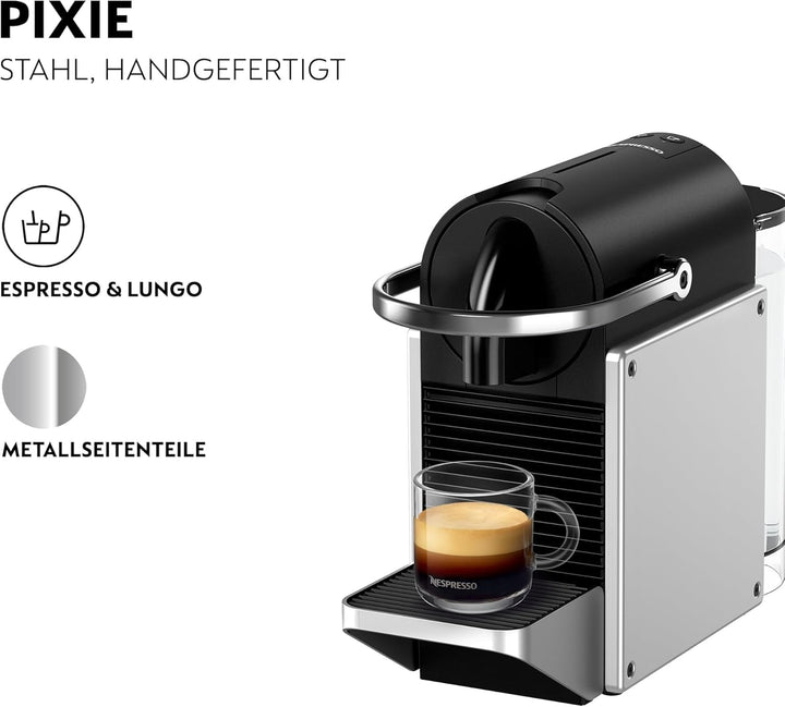 Aparat de cafea cu capsule Nespresso De'Longhi Pixie EN127.S, două butoane de selecție directă, mod eco, design compact, sistem de presiune de 19 bar, 1260W, argintiu/negru