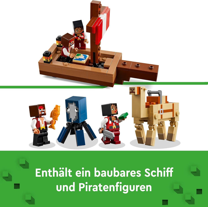 LEGO Minecraft The Pirate Ship Voyage, navă de jucărie cu figuri de pirați, calmar și cămilă, jucărie de construcție pentru jocuri de rol, cadou pentru băieți și fete de la 8 ani 21259
