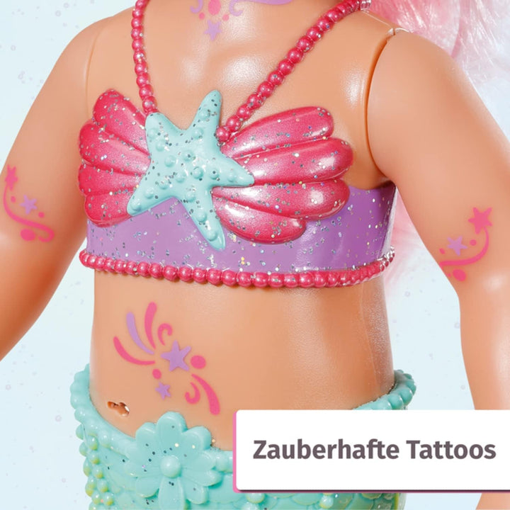 BABY Born Little Sister Mermaid 46 cm, Păpușă sirenă impermeabilă cu păr lung și aripioară mobilă cu sclipici, incl. tiară și pieptene, 833681 Zapf Creation