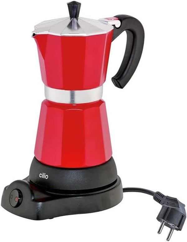 Espressoare Cilio CLASSICO pentru 6 cești / Electric 480W / Ã˜ 11.5 Cm Înălțime: 25 Cm / Aluminiu / Roșu / Placă de încălzire integrată / Cu funcție de menținere la cald și sită de reducere / Pentru călătorie sau camping