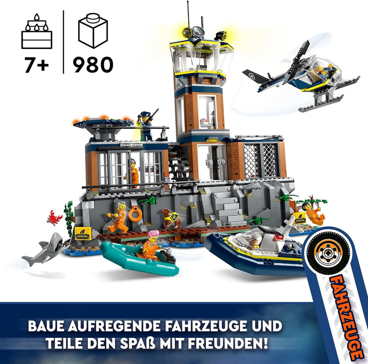 Stație de poliție LEGO City pe insula închisorii, jucărie de poliție cu elicopter, barcă și rechin, set cu 7 minifigurine și câine, cadou aniversar pentru băieți și fete de la 7 ani 60419