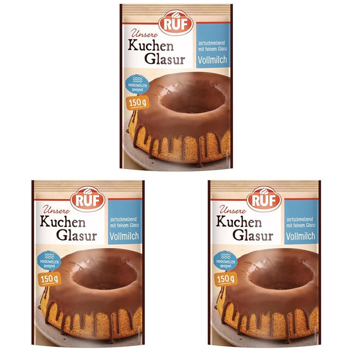 RUF Kuchen-Glasur Vollmilch-Schokolade, Fettglasur Im 150 G Beutel, Mikrowellengeeignet, Zum Glasieren Von Kuchen, Torten, Gebäck & Muffins, 1 X 150 G