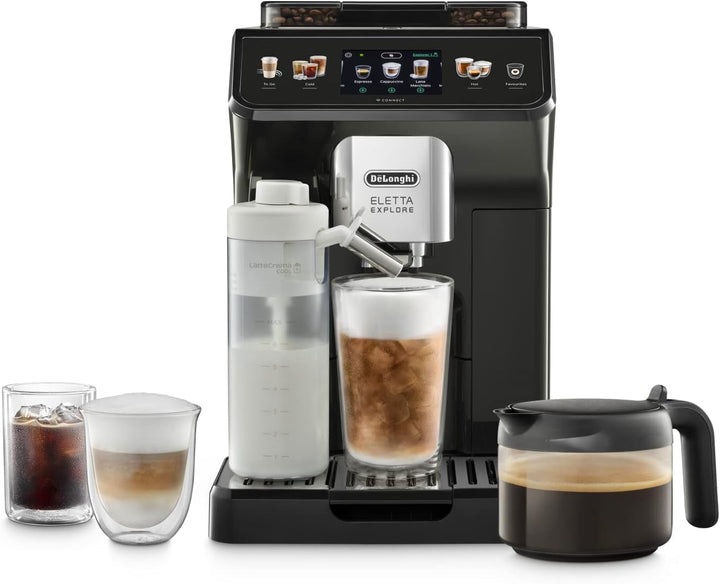 De'Longhi Eletta Explore ECAM452.57.G Aparat de cafea complet automat cu sistem de lapte Lattecrema, Băuturi calde și reci la apăsarea unui buton, Ecran color TFT tactil de 3,5 inch, Cafetieră inclusă, negru