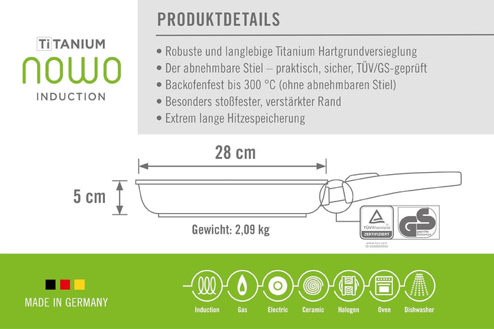 Woll Nowo Titanium Flachpfanne - Induktiv -, Ø 28 Cm, 5 Cm Hoch, Mit Abnehmbarem Stiel - Geeignet Für Alle Herdarten, Aluminiumguss, Antihaft-Versiegelung