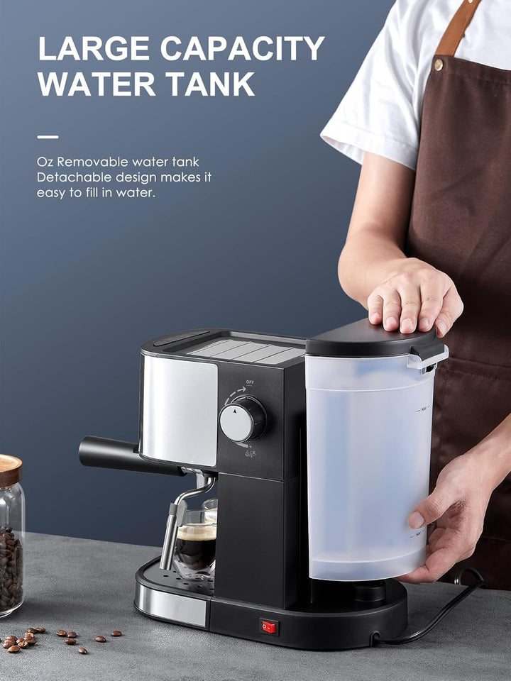 Mașină de espresso VINATO, mașină de espresso și cappuccino de 15 bari cu funcție de încălzire rapidă, mașină de cafea cu funcție de spumare a laptelui și baghetă de abur, suport pentru filtru cu ieșire dublă și 2 filtre