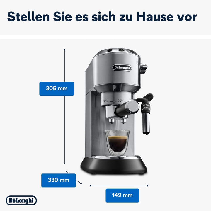 De'Longhi Dedica Style EC 685.M - Mașină espresso portafilter, mașină espresso cu spumă de lapte profesională, doar 15 cm lățime, pentru cafea pudră sau doze ESE, rezervor de apă de 1 litru, argintiu