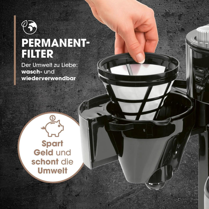 Cafetiera cu filtru Barista cu râșniță reglabilă și cană termo | funcție de menținere la cald, cronometru 24H și filtru permanent | pentru 10 cești de cafea | cafetieră pentru boabe și pudră [oțel inoxidabil]