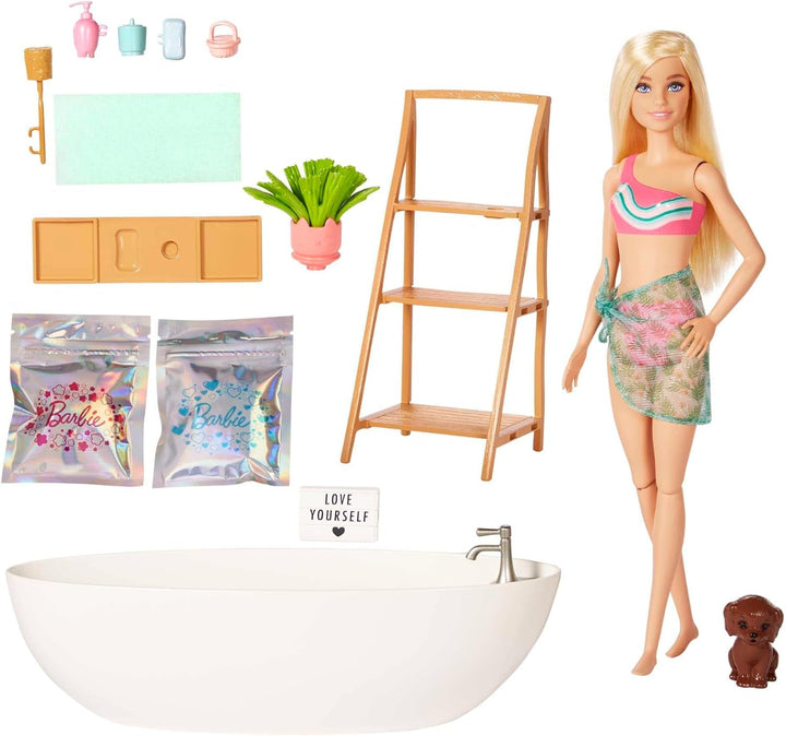Barbie Self-Care Series, Confetti Bath, păpușă Barbie cu păr blond, costum de baie, cățeluș, 2 pachete de săpun Confetti, accesorii Barbie, 1X păpușă Barbie inclusă, potrivită ca un cadou, Hkt92