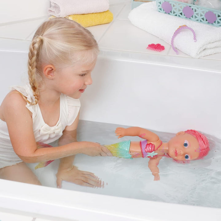 BABY Born Little Sister Mermaid 46 cm, Păpușă sirenă impermeabilă cu păr lung și aripioară mobilă cu sclipici, incl. tiară și pieptene, 833681 Zapf Creation