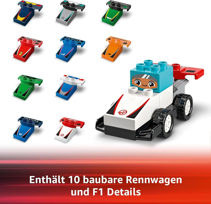 LEGO DUPLO Town F1 Team Race Cars With Racers, jucărie de construit pentru întreaga familie, experiență de joacă imaginativă, cadou de ziua de naștere pentru copii mici, băieți și fete de la 2 ani 10445