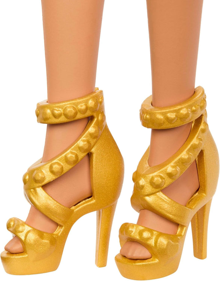 Papusa Barbie dansatoare de moda cu rochie rosie cu volane, pantofi de dans, par castaniu si accesorii trofeu de dans, JFR09