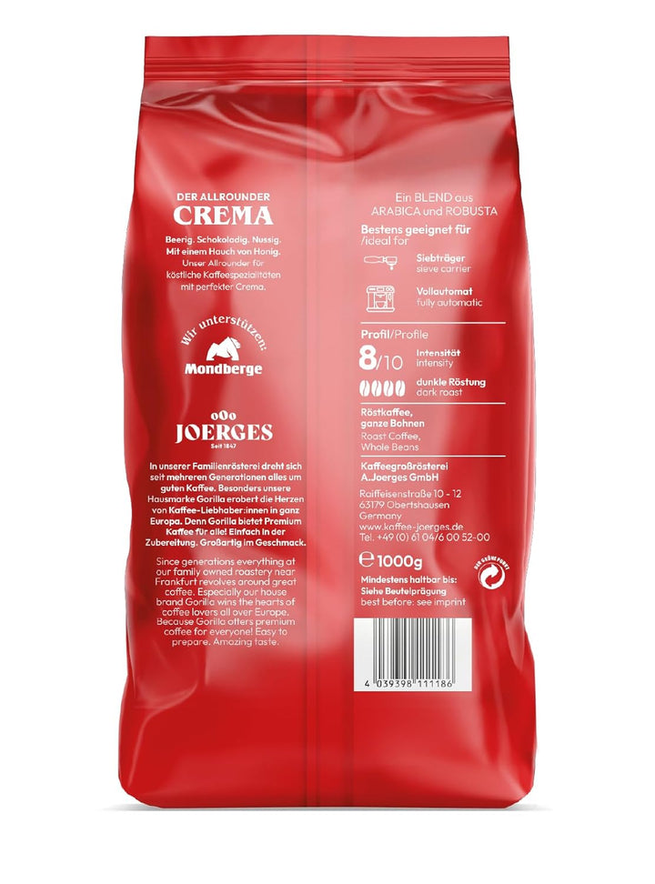 Joerges  Super Bar Crema Kaffeebohnen 1 Kg Vollmundiger Geschmack, Intensives Aroma in Jeder Tasse