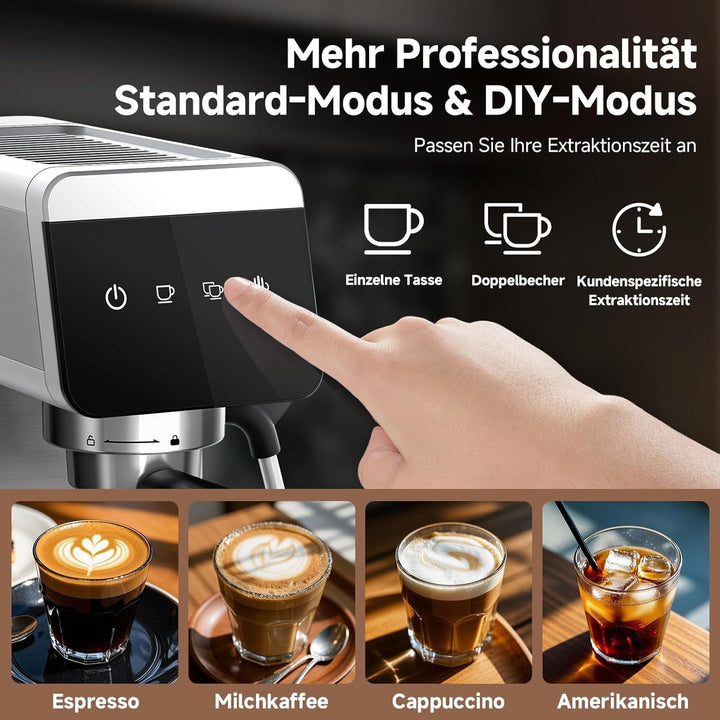 AMZCHEF Mașină de transport cu sită 20 Bar cu afișaj Led Acasă 2-In-1 Espresso Machine cu rezervor detașabil de 1,2L pentru cadouri acasă Mașină compactă din oțel inoxidabil Latte, 1350W