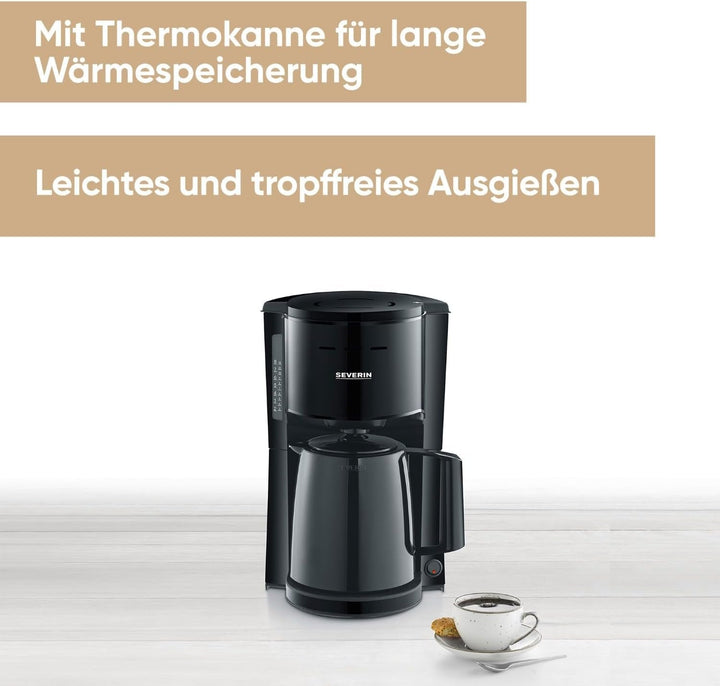 SEVERIN Cafetieră cu filtru cu ulcior termo, Cafetieră pentru până la 8 cești, Cafetieră cu filtru atractivă cu ulcior cu vid, Negru, 1 litru, KA 9306