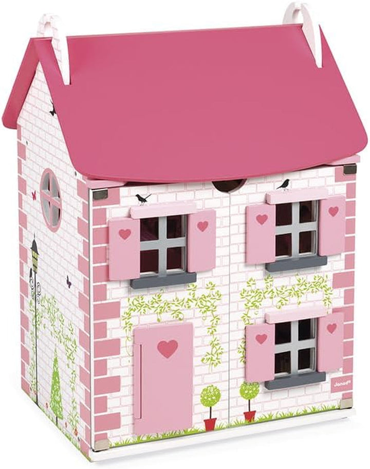 Janod - Casa de păpuși din lemn Mademoiselle, 3 etaje și cu 11 accesorii, replică de jucărie, dezvoltă imaginația, de la 3 ani, J06581, roz