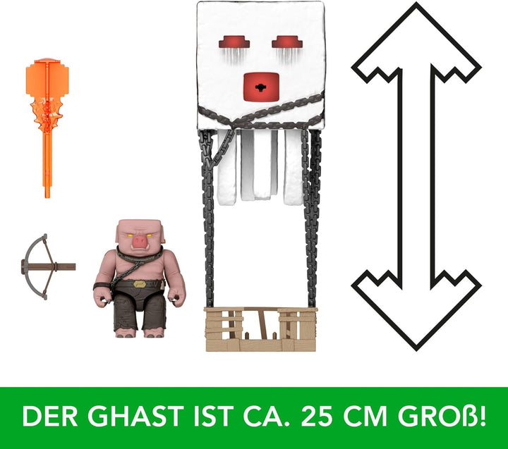 Mattel Minecraft Action Figure Set, Ghast With Fire Attack, Lights, Noise, Starter And Projectile, Piglin Warrior, Inspired By The Movie, JFB69