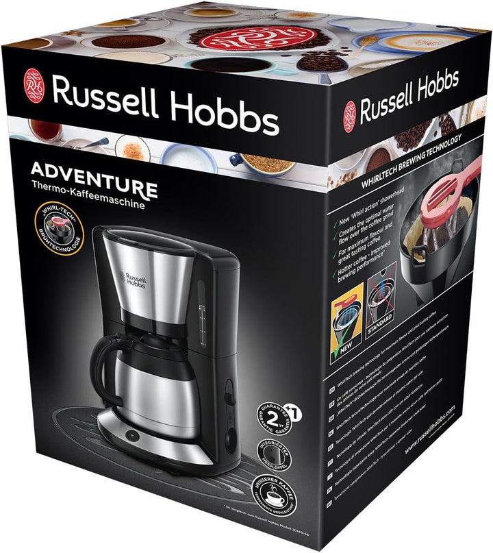 Cafetiera Russell Hobbs [Cap efervescent pentru extracție și aromă optime] Adventure (Max 8 cești, cană termo de 1,0 l, oprire automată, opritor de picurare, 1100 W) Filtru de cafea 24020-56, negru