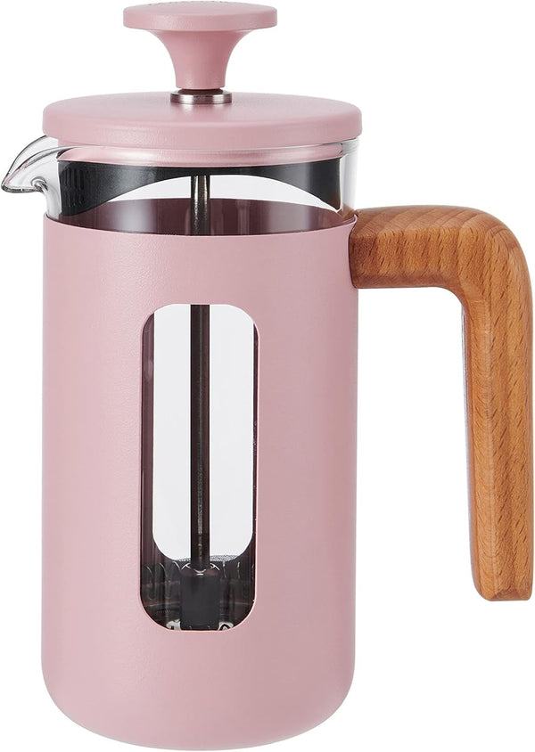 La Cafetière Pisa, 3 cești/350 ml, sticlă borosilicată rezistentă la căldură și oțel inoxidabil, cu plungere la îndemână, filtru mic de cafea franceză pentru ceai vrac și cafea măcinată, roz