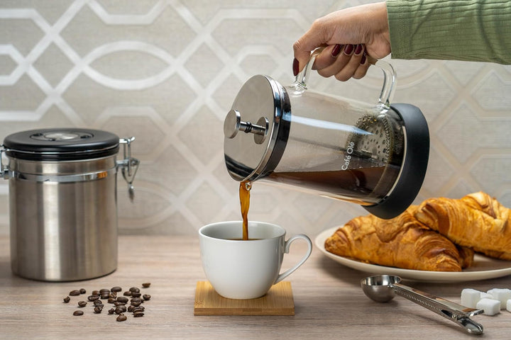 Cafetieră Café Olé Doppio din sticlă cu pereți dubli, presă franceză, bază de silicon antiderapantă, 8 cești espresso/1000 ml, negru