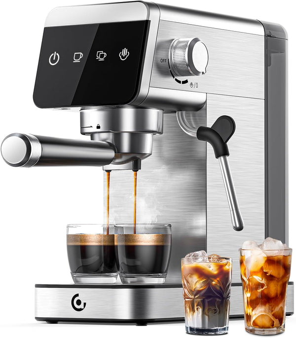 AMZCHEF Mașină de transport cu sită 20 Bar cu afișaj Led Acasă 2-In-1 Espresso Machine cu rezervor detașabil de 1,2L pentru cadouri acasă Mașină compactă din oțel inoxidabil Latte, 1350W